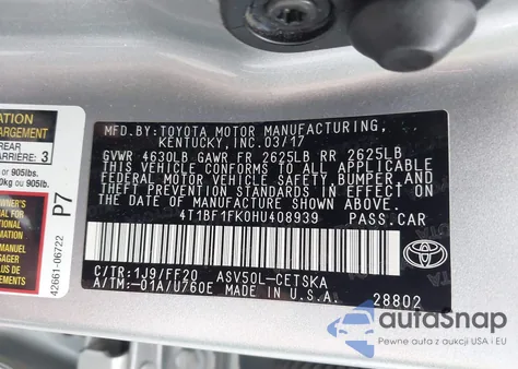 2017 Toyota Camry Se из США, поврежденный, VIN 4T1BF1FK0HU408939